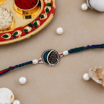 Designer Silver Bhaiya Rakhi with Multicolour Thread, Decorative Kumkum-Chawal Thali, Greeting Card & Chocolate for Raksha Bandhan