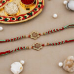 Designer Floral Bhaiya-Bhabhi Rakhi Set with Kumkum-Chawal Thali and Accessories