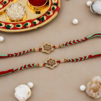 Designer Floral Bhaiya-Bhabhi Rakhi Set with Kumkum-Chawal Thali and Accessories