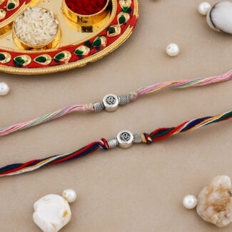 Minimalist Silver Thread Designer Rakhi Combo with Thali