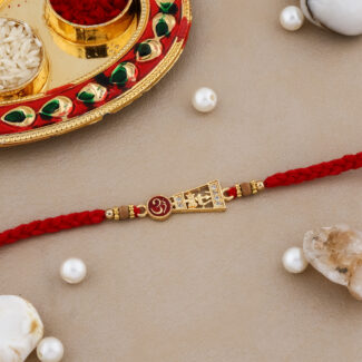 Designer Mandir & Om Bhai Rakhi with Decorative Red Thread and Beads for Raksha Bandhan Designer Mandir & Om Bhai Rakhi with Decorative Red Thread and Beads for Raksha Bandhan