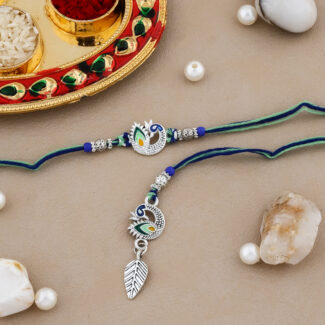 Elegant Peacock Feather Bhaiya-Bhabhi Rakhi Set | With Thali, Card & Chocolate
