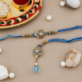 Royal Blue Bhaiya-Bhabhi Designer Rakhi Combo with Decorative Thali, Greeting Card & Chocolate for Raksha Bandhan
