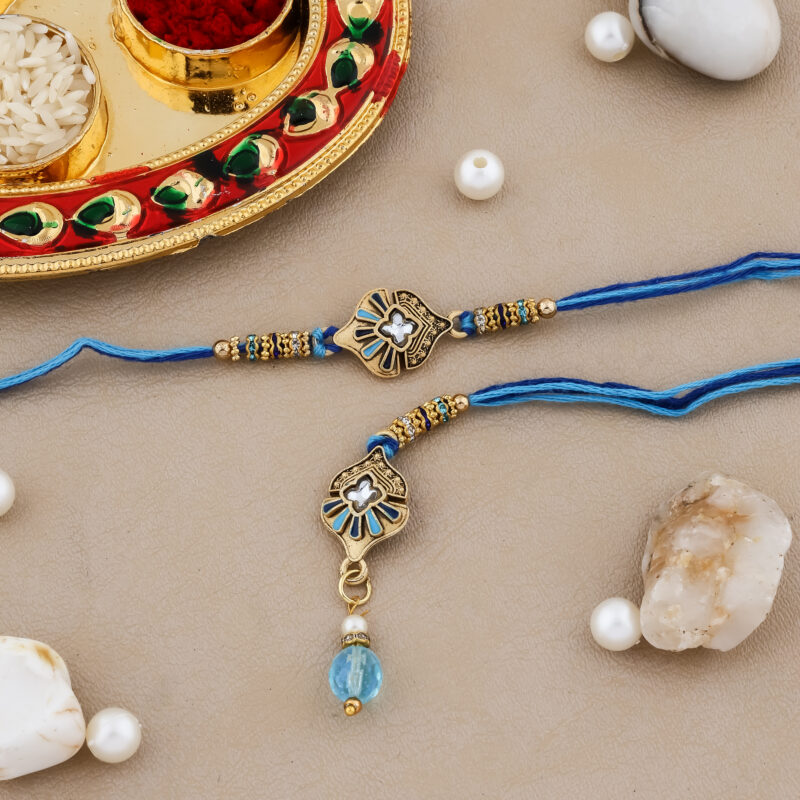 Royal Blue Bhaiya-Bhabhi Designer Rakhi Combo with Decorative Thali, Greeting Card & Chocolate for Raksha Bandhan