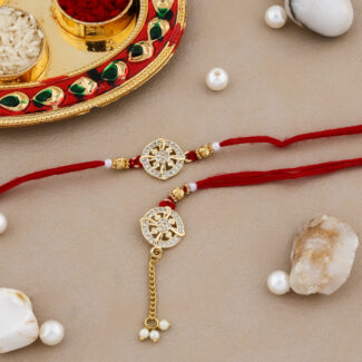 Elegant Golden Bhaiya-Bhabhi Designer Rakhi Set with Decorative Thali, Greeting Card & Chocolate for Raksha Bandhan