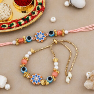 Exclusive Limited Edition Bhaiya-Bhabhi Rakhi Combo with Evil Eye Beads, Bracelet Lumba, Decorative Thali & Chocolate for Raksha Bandhan