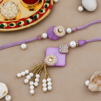 Elegant Bhaiya-Bhabhi Rakhi Combo with Purple Beadwork, Pearl Tassels, Lumba Rakhi, Decorative Thali & Chocolate for Raksha Bandhan