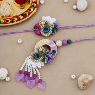 Premium Bhaiya-Bhabhi Rakhi Combo with Purple Thread, Peacock Feather, Floral Beads, Leaf Hangings, Decorative Thali & Chocolate for Raksha Bandhan