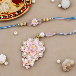 Bhaiya-Bhabhi Pink Floral Rakhi Combo with Pearl, Crystal, and Bead Detailing, Traditional Thali & Raksha Bandhan Gift Accessories