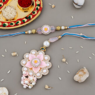 Bhaiya-Bhabhi Pink Floral Rakhi Combo with Pearl, Crystal, and Bead Detailing, Traditional Thali & Raksha Bandhan Gift Accessories