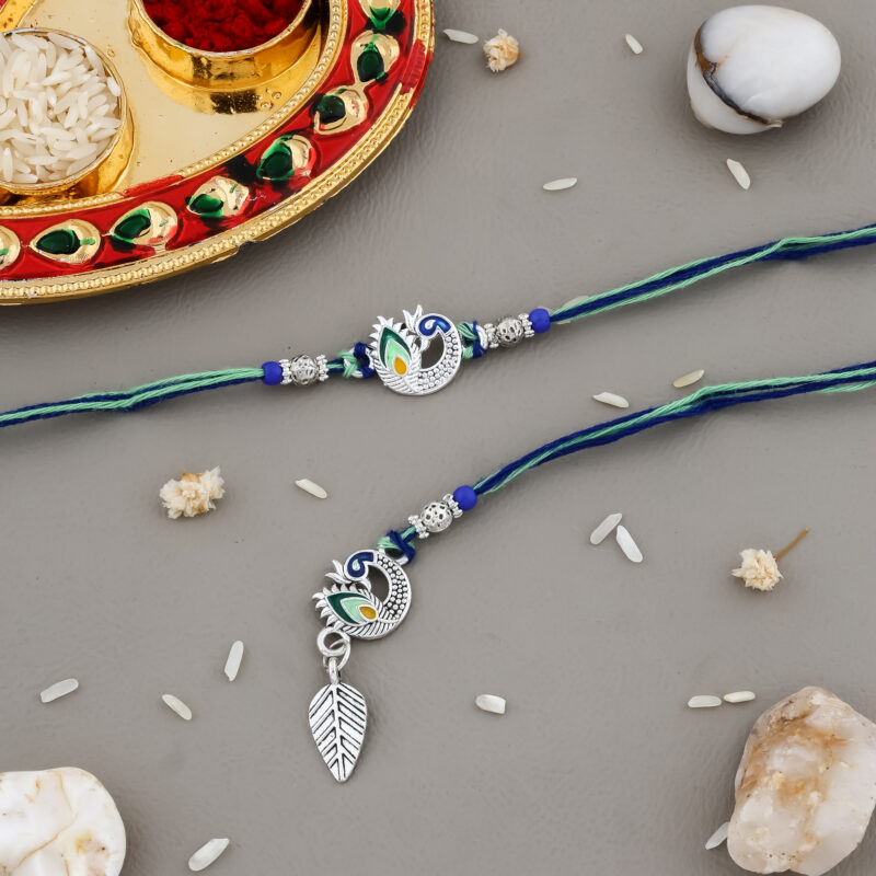 Elegant Peacock Feather Bhaiya-Bhabhi Rakhi Set | With Thali, Card & Chocolate