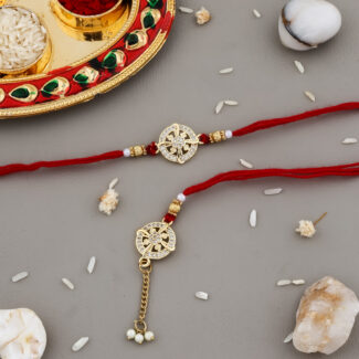 Elegant Bhaiya-Bhabhi Rakhi & Lumba Combo with Decorative Thali, Greeting Card & Chocolate for Raksha Bandhan