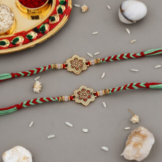 Designer Floral Bhaiya-Bhabhi Rakhi Set with Kumkum-Chawal Thali and Accessories