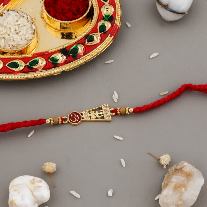 Designer Mandir & Om Bhai Rakhi with Decorative Red Thread and Beads for Raksha Bandhan